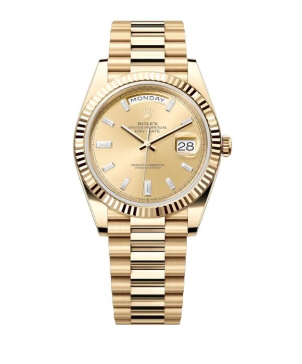 롤렉스 데이데이트 40mm Counterweight 228238-0005 Full Yellow Gold Diamond Baguette Champagne Dial[ARF]